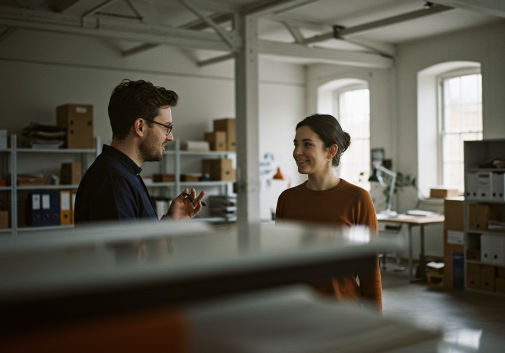 Two colleagues collaborating in a bright studio, talking across a table.